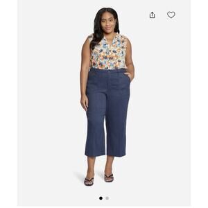 NYDJ Stretch Linen Wide Leg Cropped Cargo Pant Oxford Navy 14 NWT